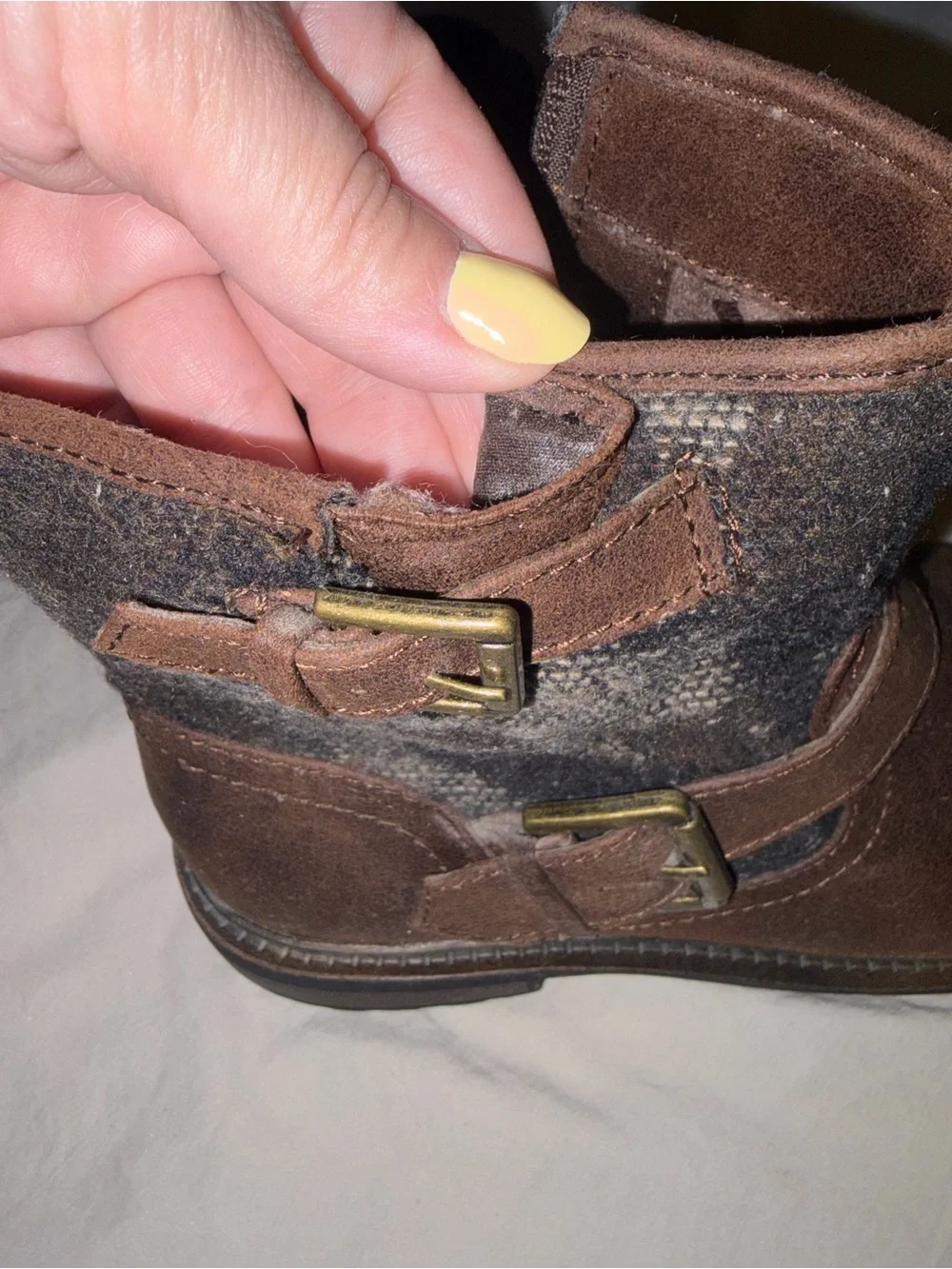 White Mountain Brown Leather & Gray Knit Ankle Boots
